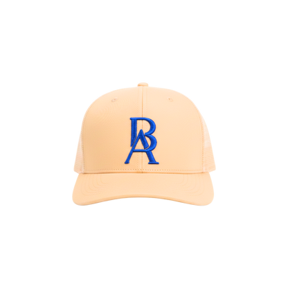 Beige cap with blue BA embroidered logo on a white background