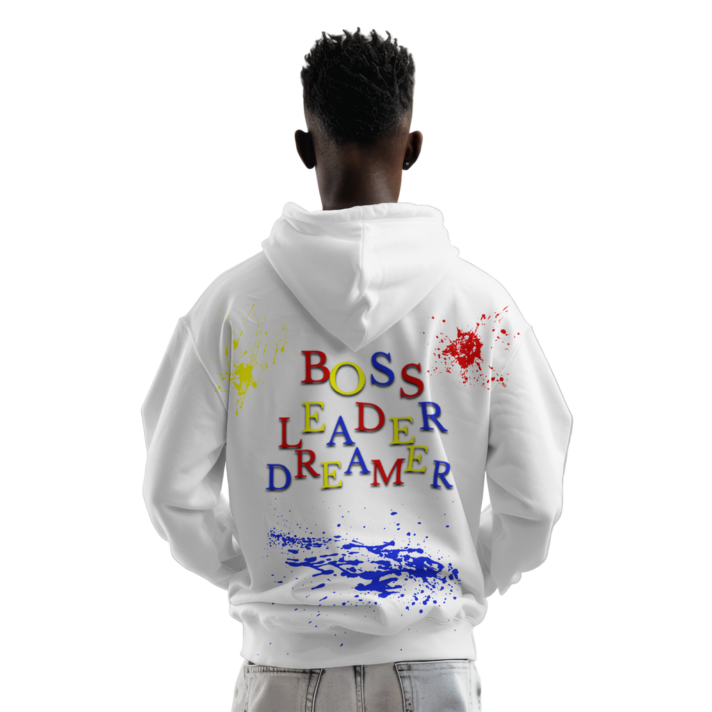 Person wearing a white hoodie with colorful text and splashes on the back, standing against a plain background.