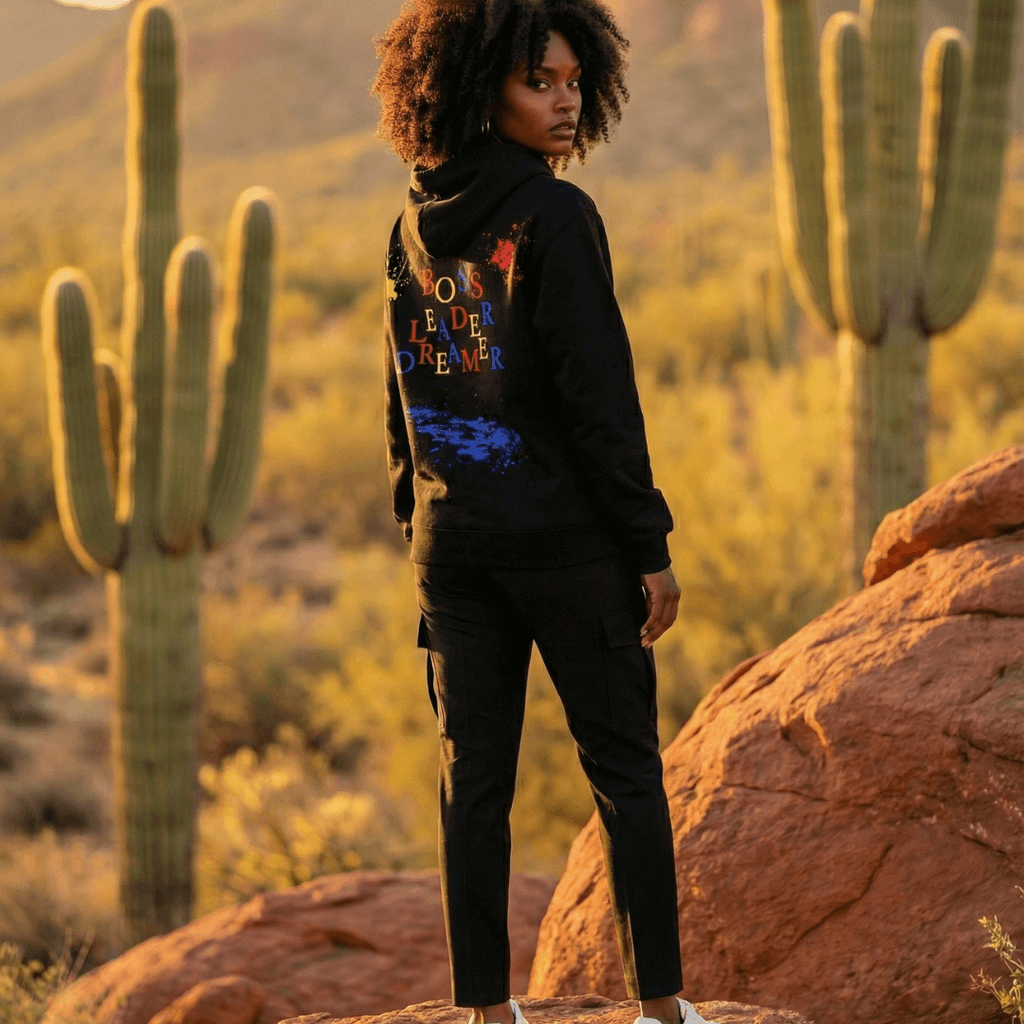 Female model wearing a black boss. leader. dreamer. hoodie with colorful text in a desert landscape with cacti and rocks.