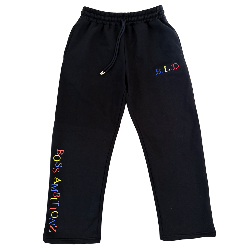 Black 100% cotton fleece straight leg joggers with embroidered B.L.D logo and vertical Boss Ambitionz print from the B.L.D Collection.