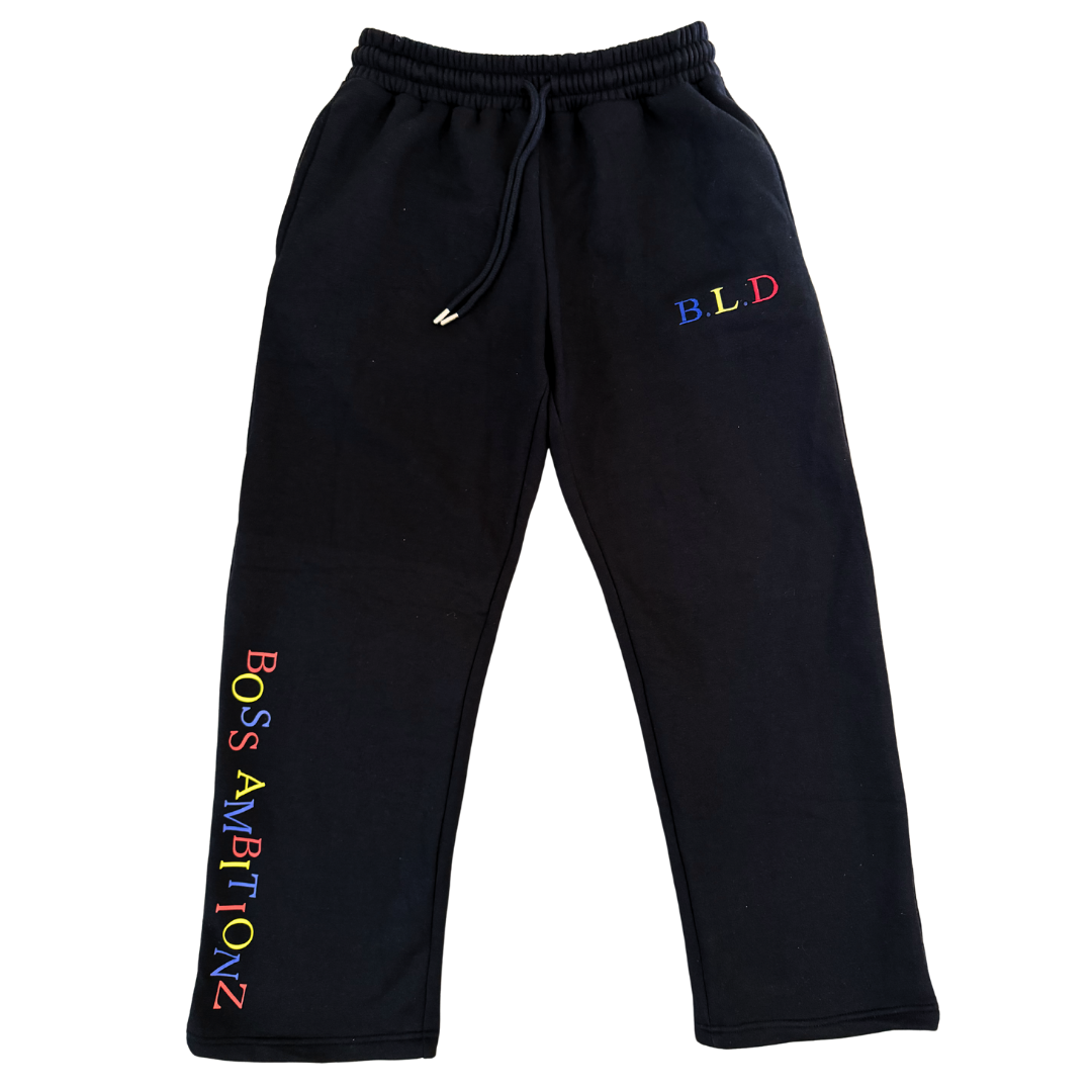 Black 100% cotton fleece straight leg joggers with embroidered B.L.D logo and vertical Boss Ambitionz print from the B.L.D Collection.