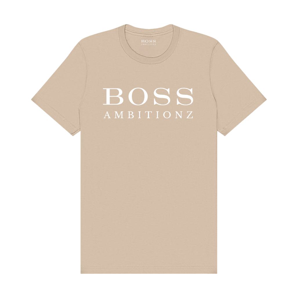 Cool Down Tee in beige featuring 'BOSS AMBITIONZ' text, lightweight cotton for premium comfort.