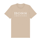 Cool Down Tee in beige featuring 'BOSS AMBITIONZ' text, lightweight cotton for premium comfort.