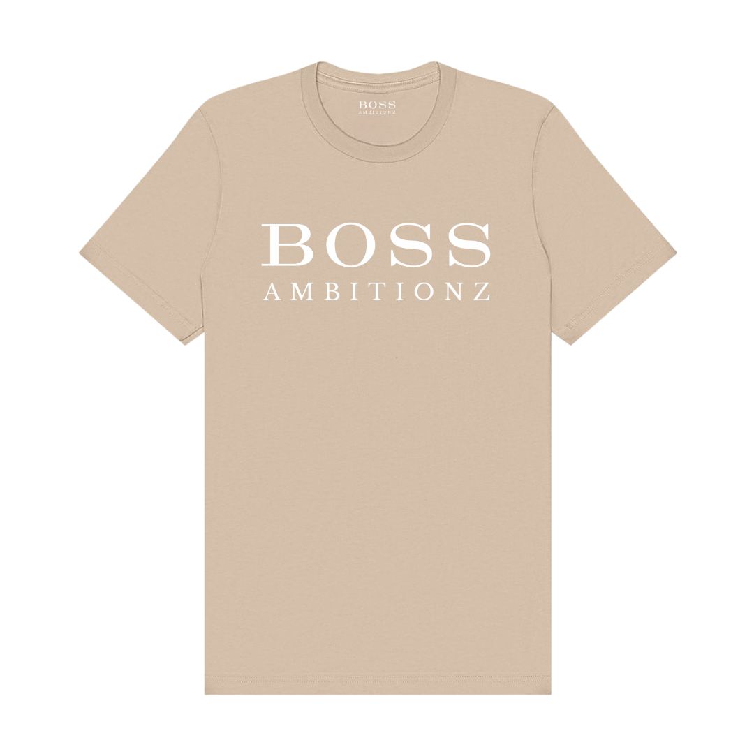 Cool Down Tee in beige featuring 'BOSS AMBITIONZ' text, lightweight cotton for premium comfort.