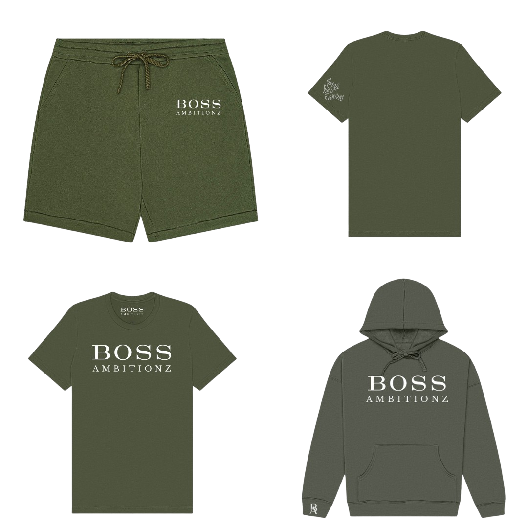 Cool Down Complete Set featuring hoodie, tee, and shorts in olive green from Boss Ambitionz style collection.