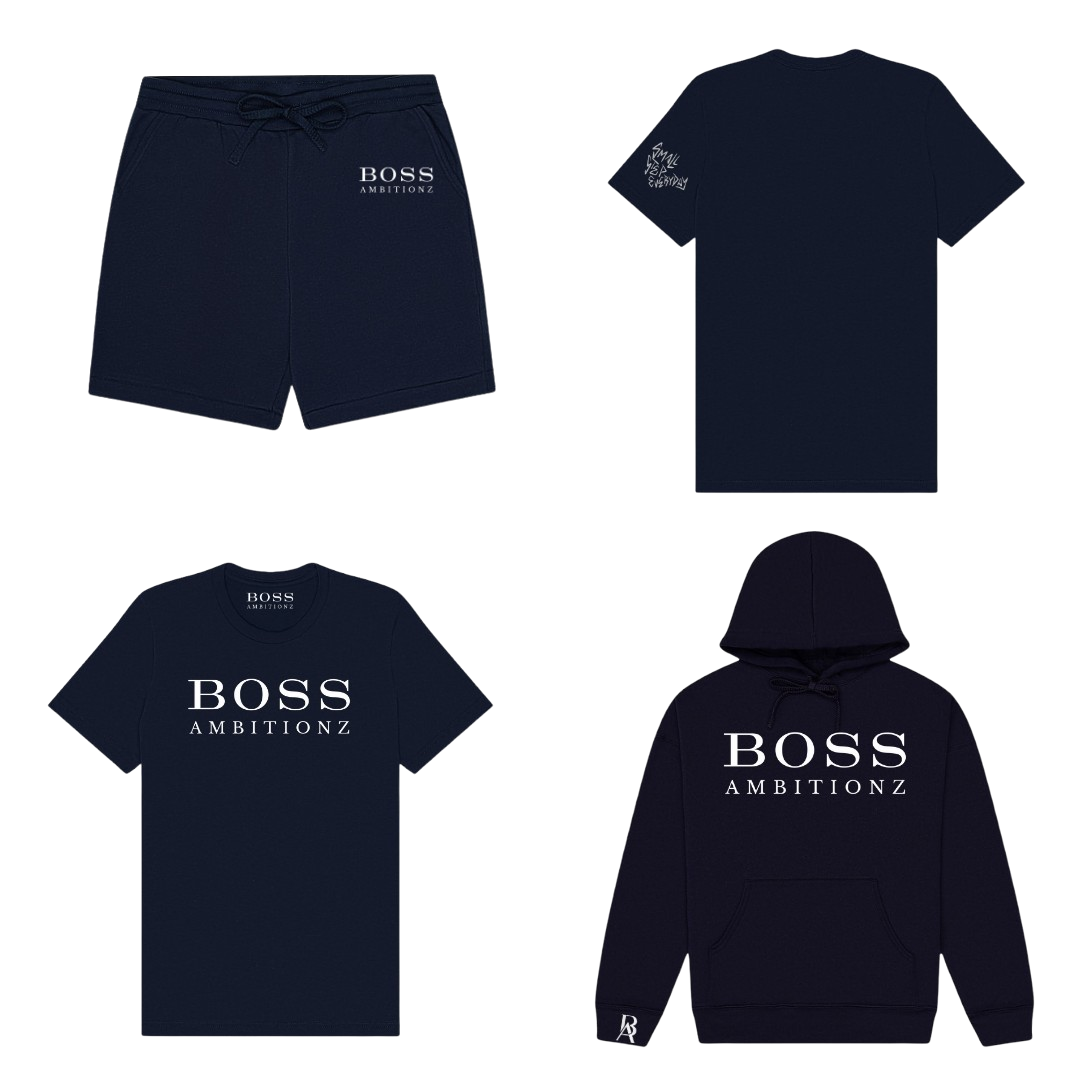 Cool Down Complete Set featuring shorts, tee, and hoodie from Boss Ambitionz in navy color.
