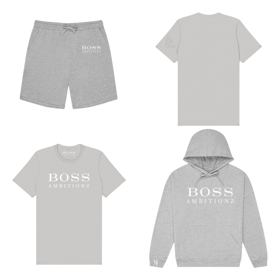 Cool Down Complete Set featuring hoodie, tee, and shorts in gray with Boss Ambitionz logo for stylish comfort.