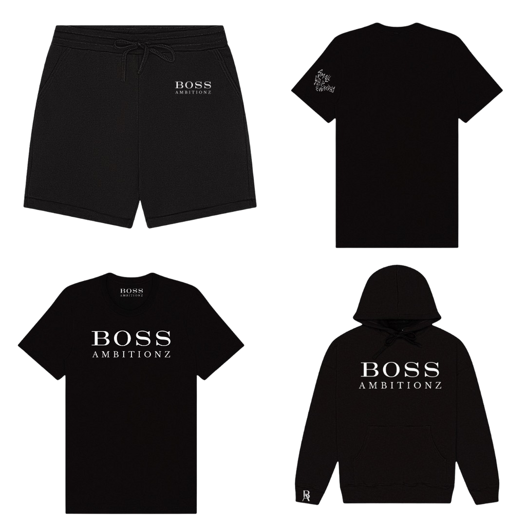 Cool Down Complete Set featuring hoodie, shorts, and tee in black with Boss Ambitionz logo for stylish comfort.