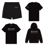 Cool Down Complete Set featuring hoodie, shorts, and tee in black with Boss Ambitionz logo for stylish comfort.