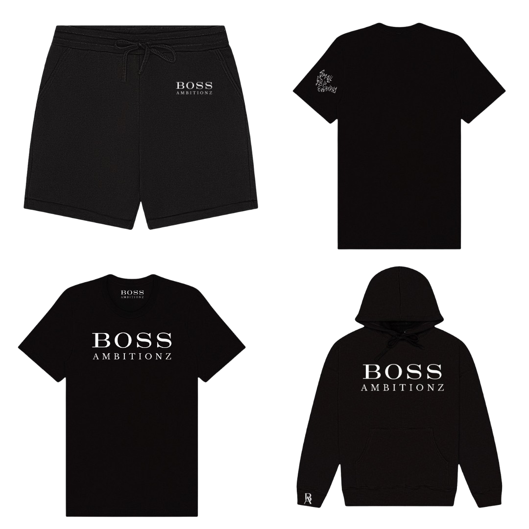 Cool Down Complete Set featuring hoodie, shorts, and tee in black with Boss Ambitionz logo for stylish comfort.