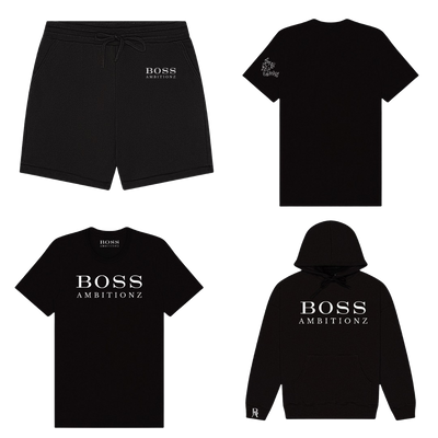 Cool Down Complete Set featuring hoodie, shorts, and tee in black with Boss Ambitionz logo for stylish comfort.
