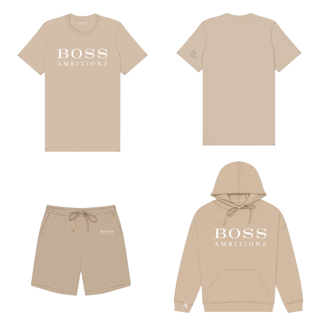 Cool Down Complete Set featuring hoodie, tee, and shorts in beige with Boss Ambitionz branding. Premium comfort and style.