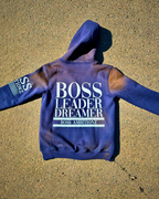 Boss Ambitionz Rustic Hustlers Rhinestone Hoodie back view with sleeve branding in navy acid-wash