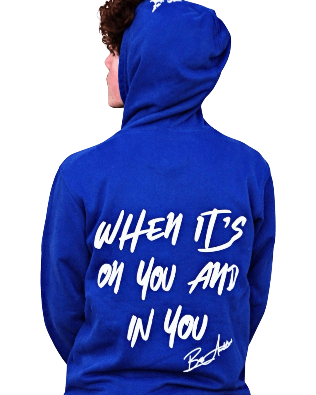 Back view of blue Boss Ambitionz Ambition Crown Hoodie