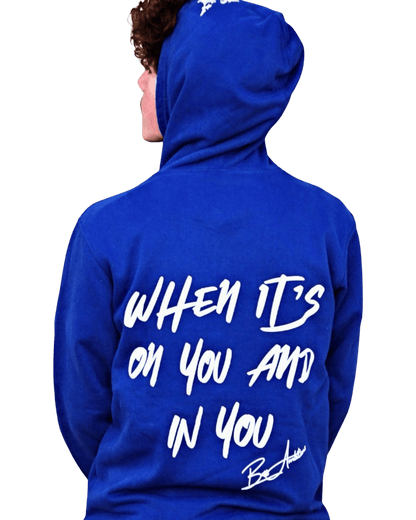 Back view of blue Boss Ambitionz Ambition Crown Hoodie