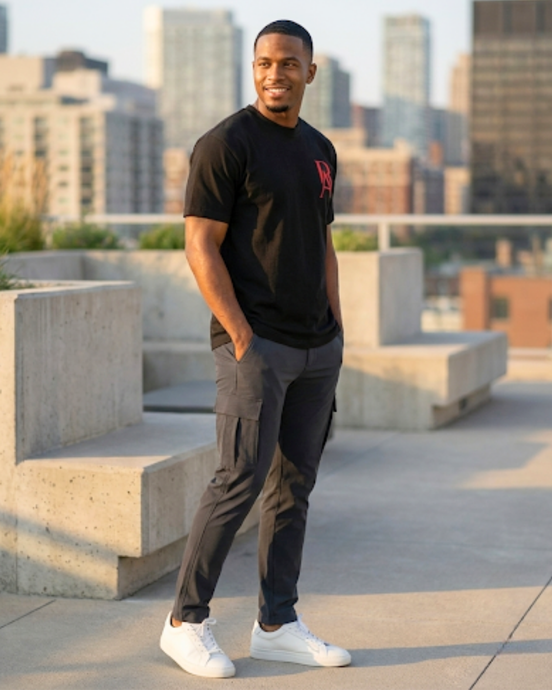Man in black t-shirt and cargo pants standing on a rooftop with cityscape in the background