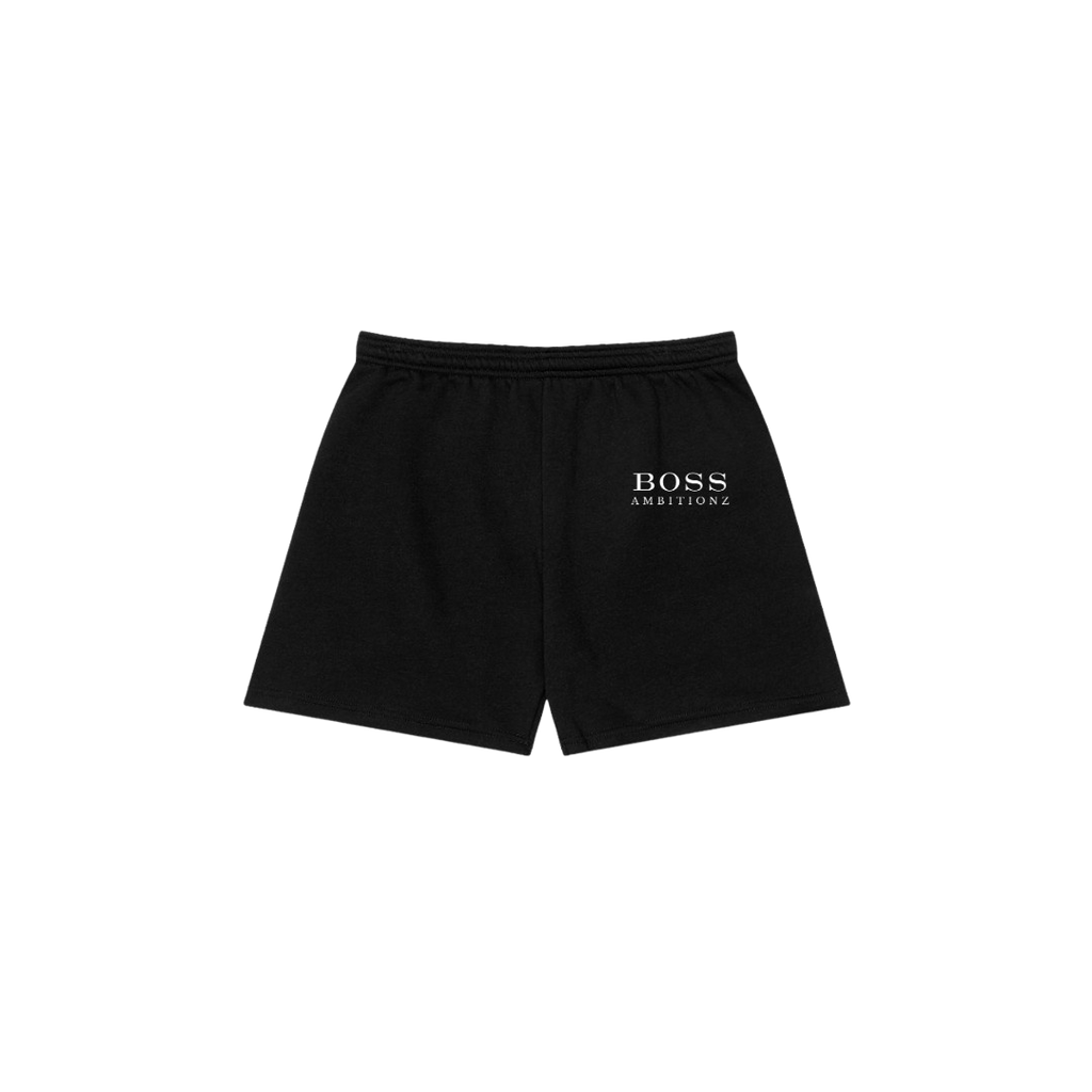 Black shorts with 'BOSS AMBITIONS' text on a white background