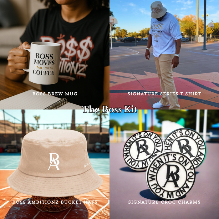 The Boss Kit featuring Boss Brew Mug, Signature Series T-shirt, Bucket Hat, and Croc Charms.