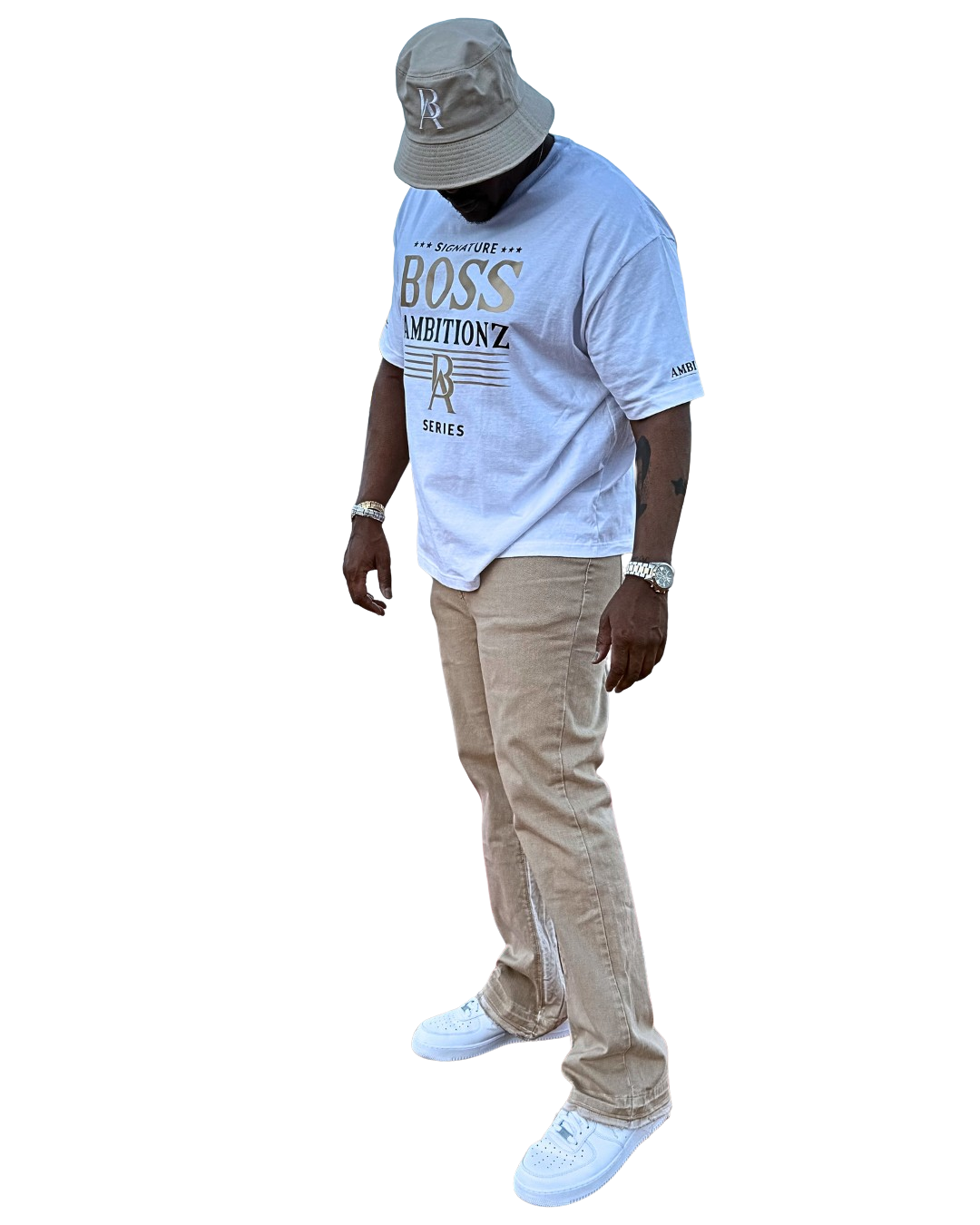 AveryBizMagent showcasing the white Signature Series Tee by Boss Ambitionz