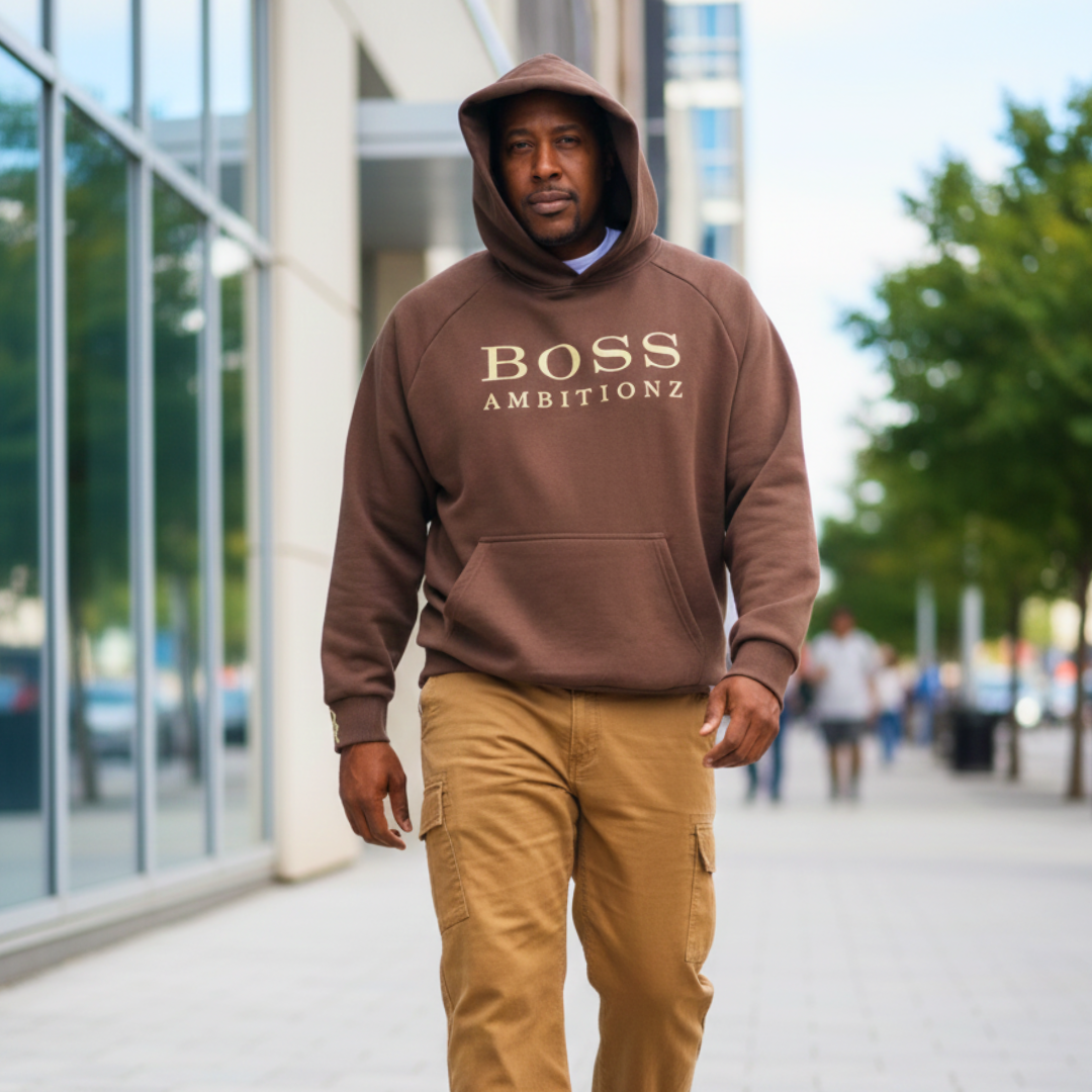 Man wearing a brown 'BOSS AMBITIONZ' hoodie walking outdoors.
