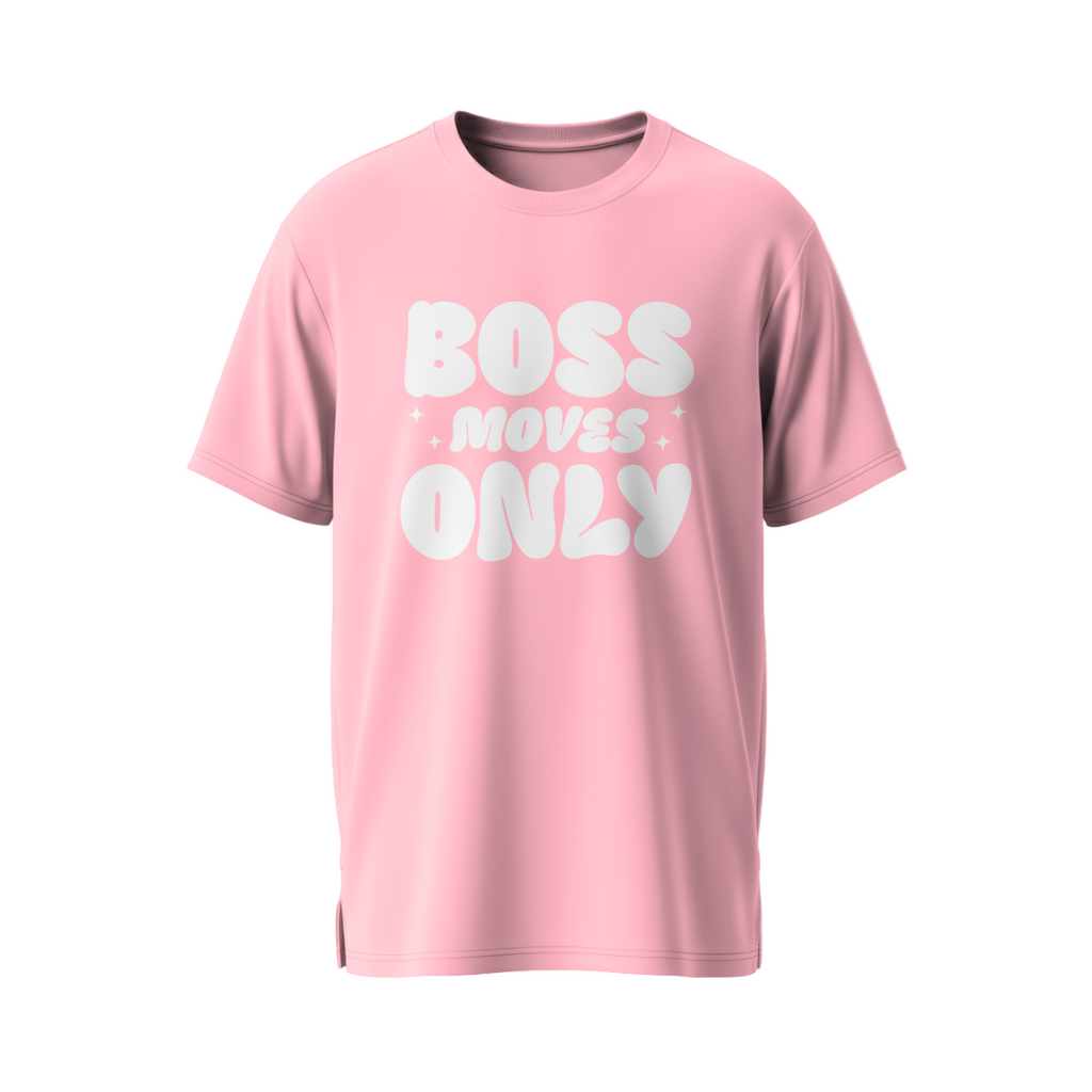 Pink Boss Ambitionz t-shirt with 'BOSS MOVES ONLY' text written in white.