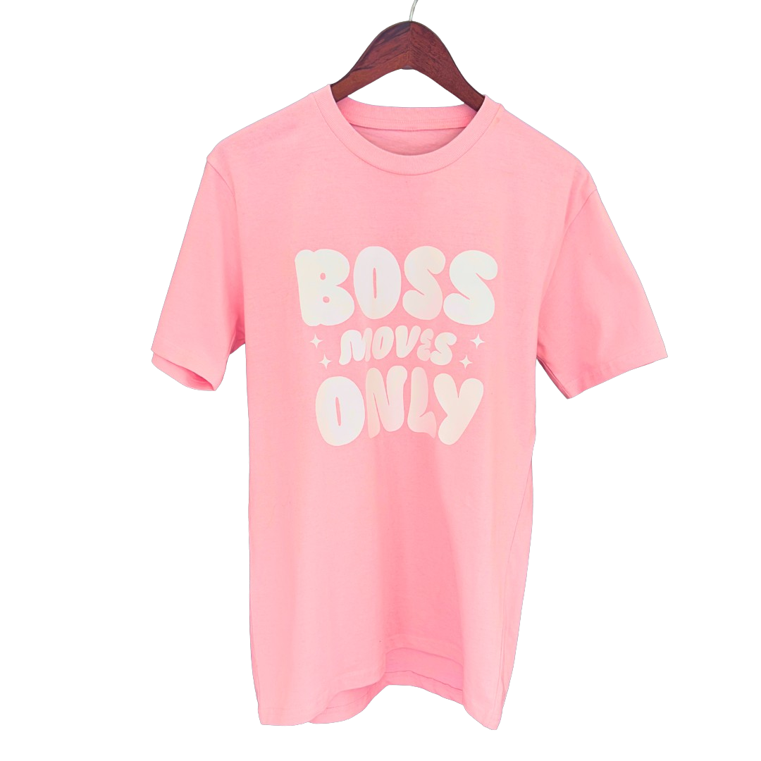 Bubblegum Pink Boss Moves Only Tee hanging on wooden hanger with transparent background