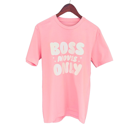 Bubblegum Pink Boss Moves Only Tee hanging on wooden hanger with transparent background