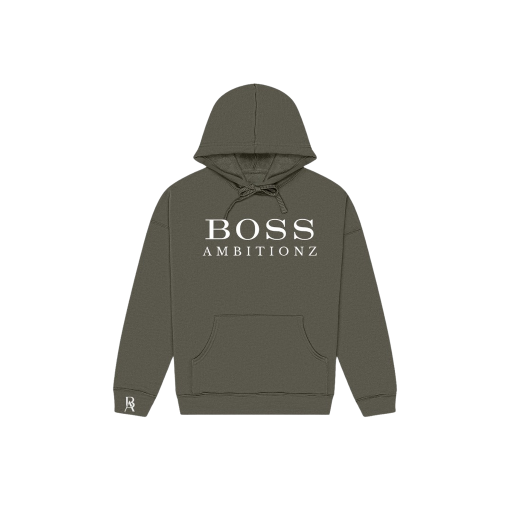 Olive Green hoodie with 'BOSS AMBITIONZ' text on a white background