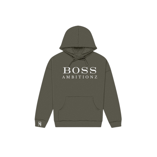 Olive Green hoodie with 'BOSS AMBITIONZ' text on a white background