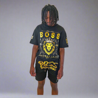 Close-up front view of Boss Ambitionz outfit: "Close-up front view of model in Boss Ambitionz attire, highlighting the detailed lion graphic and 'Lead Your Legacy' message on the t-shirt, with coordinated shorts.