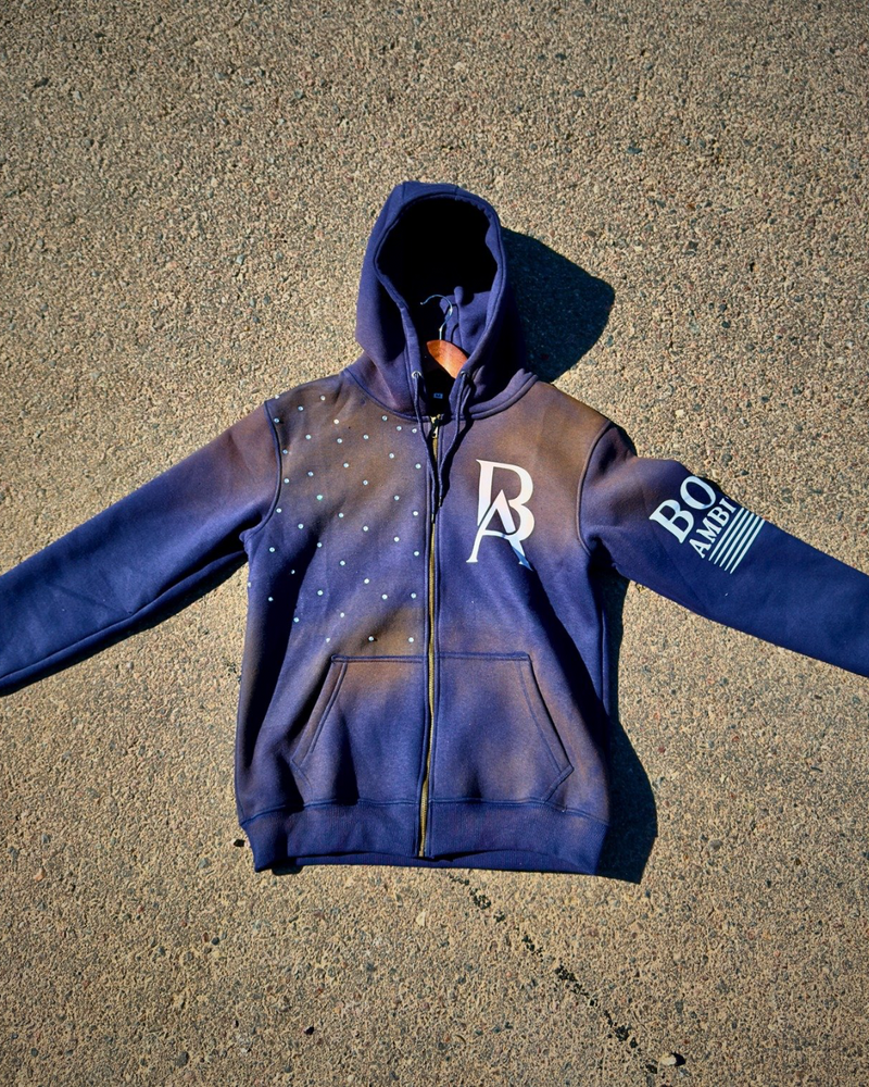 Boss Ambitionz Rustic Hustlers Rhinestone Zip-Up Hoodie front view navy with rhinestones and BA chest logo