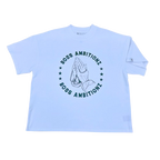 Front view ofBoss Ambitionz Everyday Luxe' Oversized Heavyweight Cotton Tee which features prayer hands with Boss Ambtionz wrapped around the letters. 