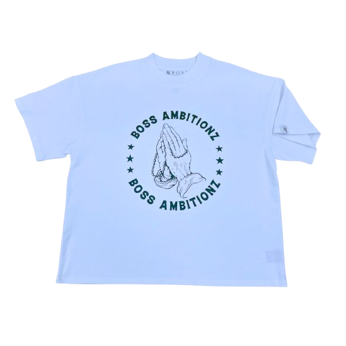Front view ofBoss Ambitionz Everyday Luxe' Oversized Heavyweight Cotton Tee which features prayer hands with Boss Ambtionz wrapped around the letters. 