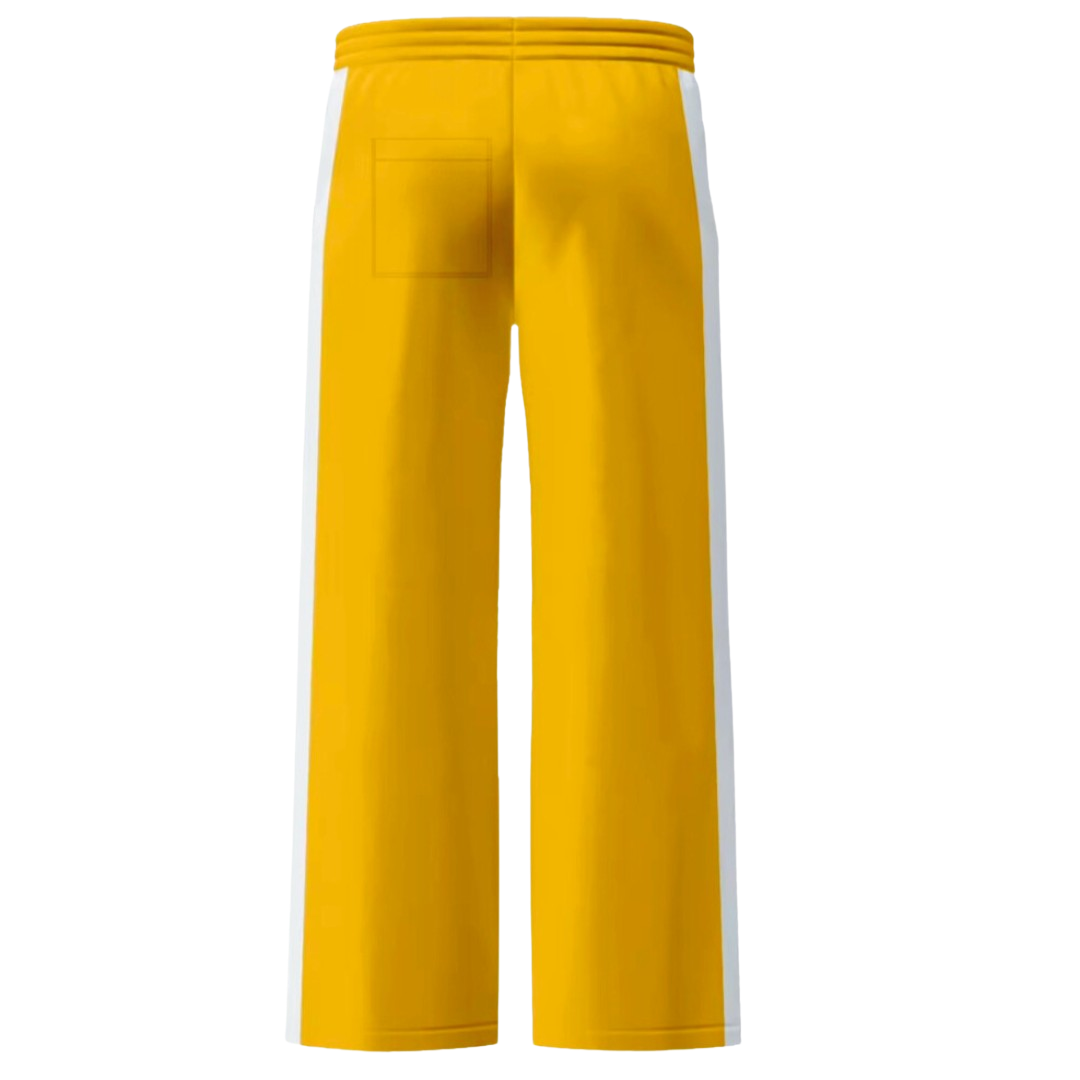 Boss Ambitionz Gold Standard Tracksuit Pants with zippered flare bottoms, hidden embroidery detail, and white-on-white silhouette piping in waterproof nylon.