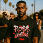 Black male model stands confident in the Graff tee by Boss Ambitionz. Friends in the background as he looks deep into the camera on hot sunny day in Arizona.