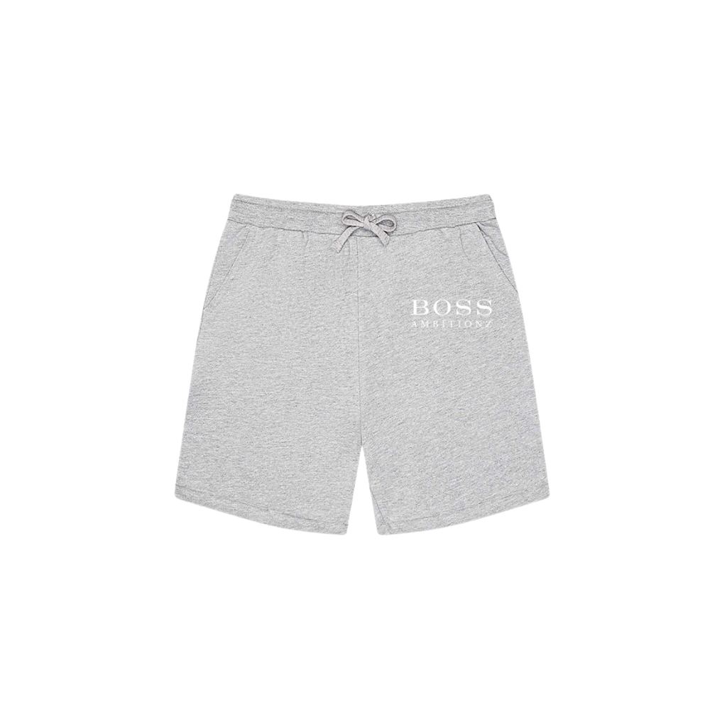 Gray shorts with 'BOSS' logo on a white background