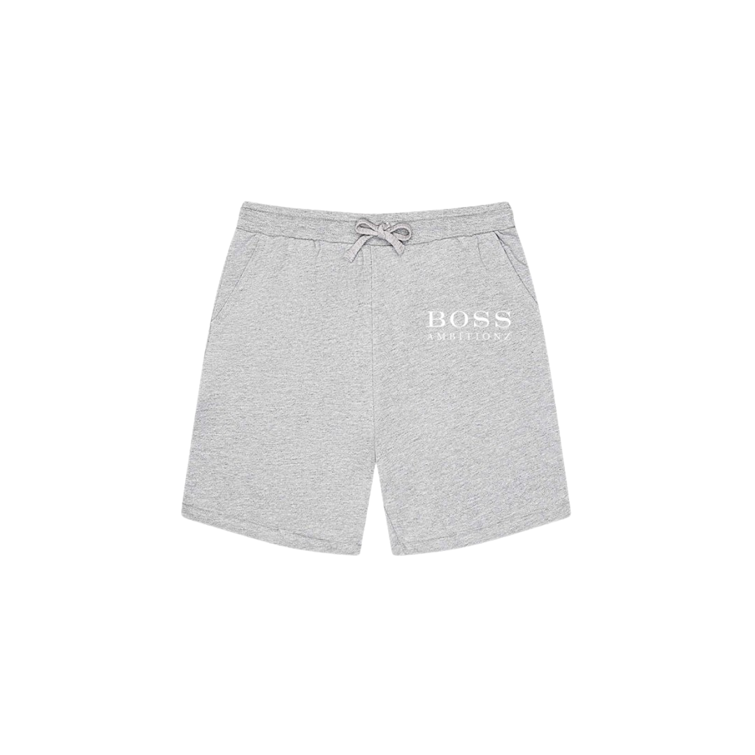 Gray shorts with 'BOSS' logo on a white background