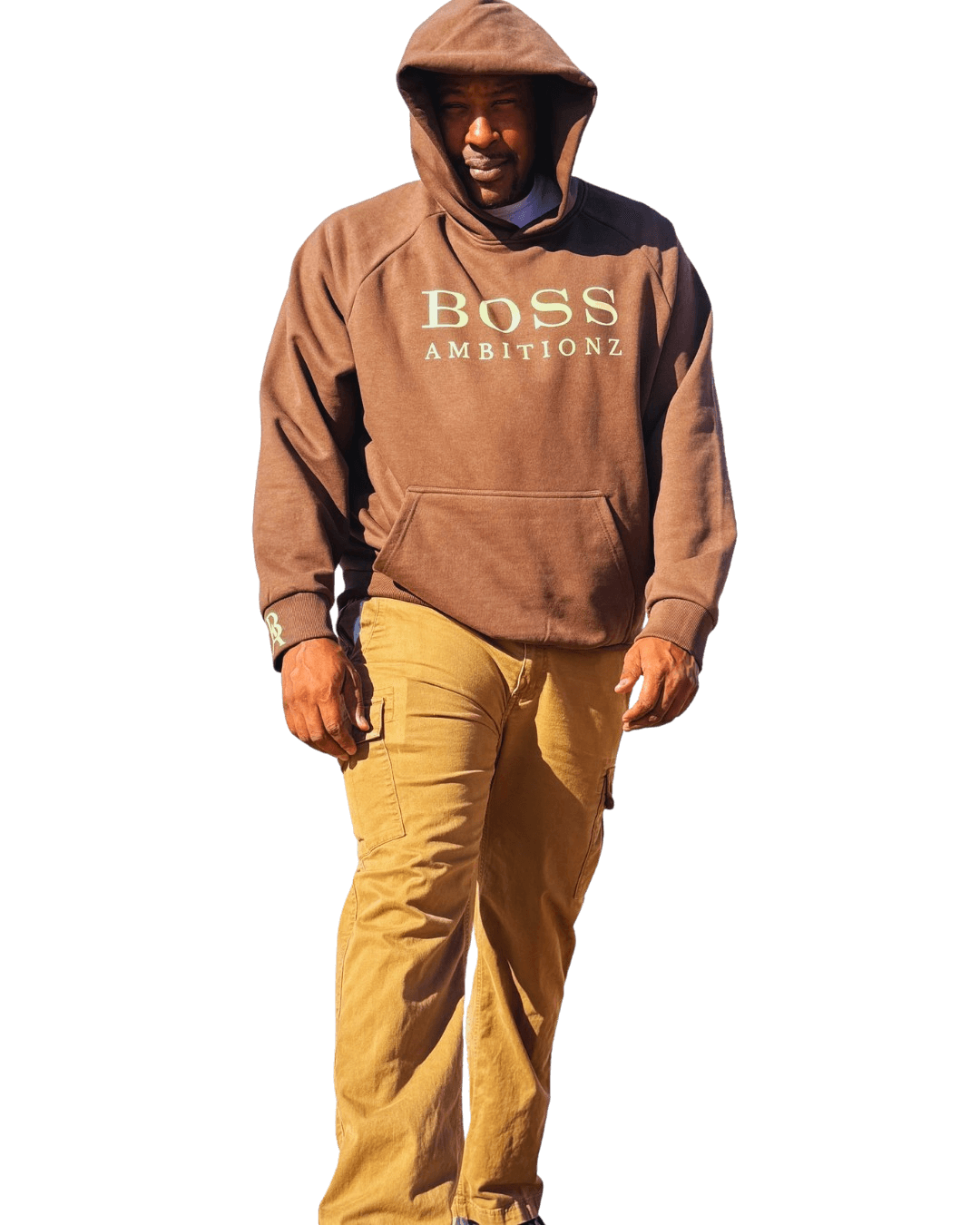 AveryBizMagent showcasing the Mocha and Cream Ultra Heavyweight hoodie. Standing in a powerful stance with one leg in front of the other against a transparent background. 