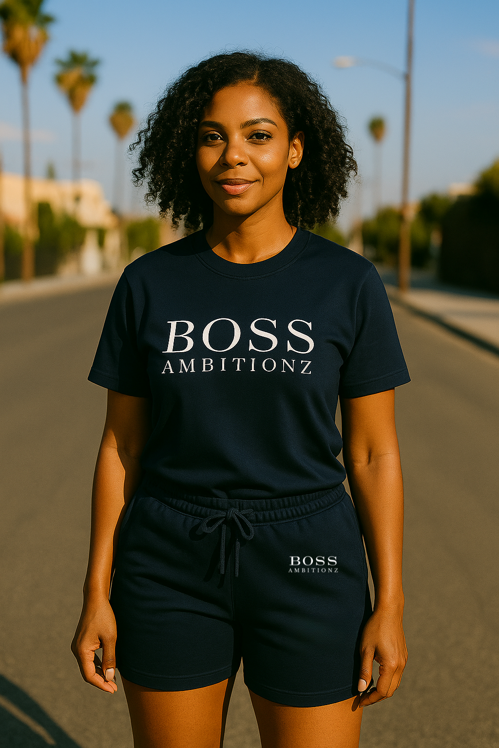 Woman wearing a navy blue 'BOSS AMBITIONZ' t-shirt and shorts on a street.