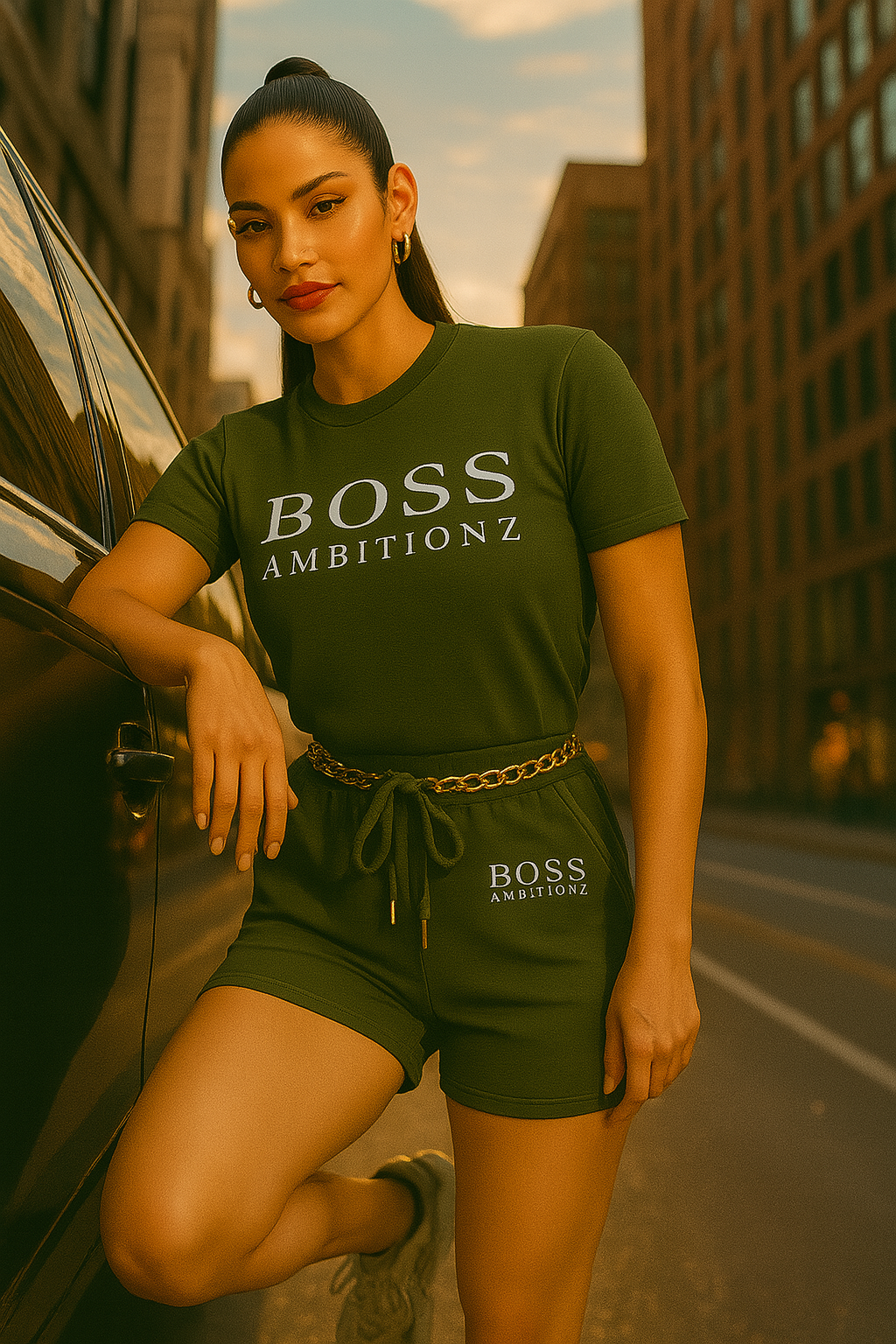 Woman wearing a green 'BOSS AMBITIONZ' outfit standing next to a car in an urban setting.