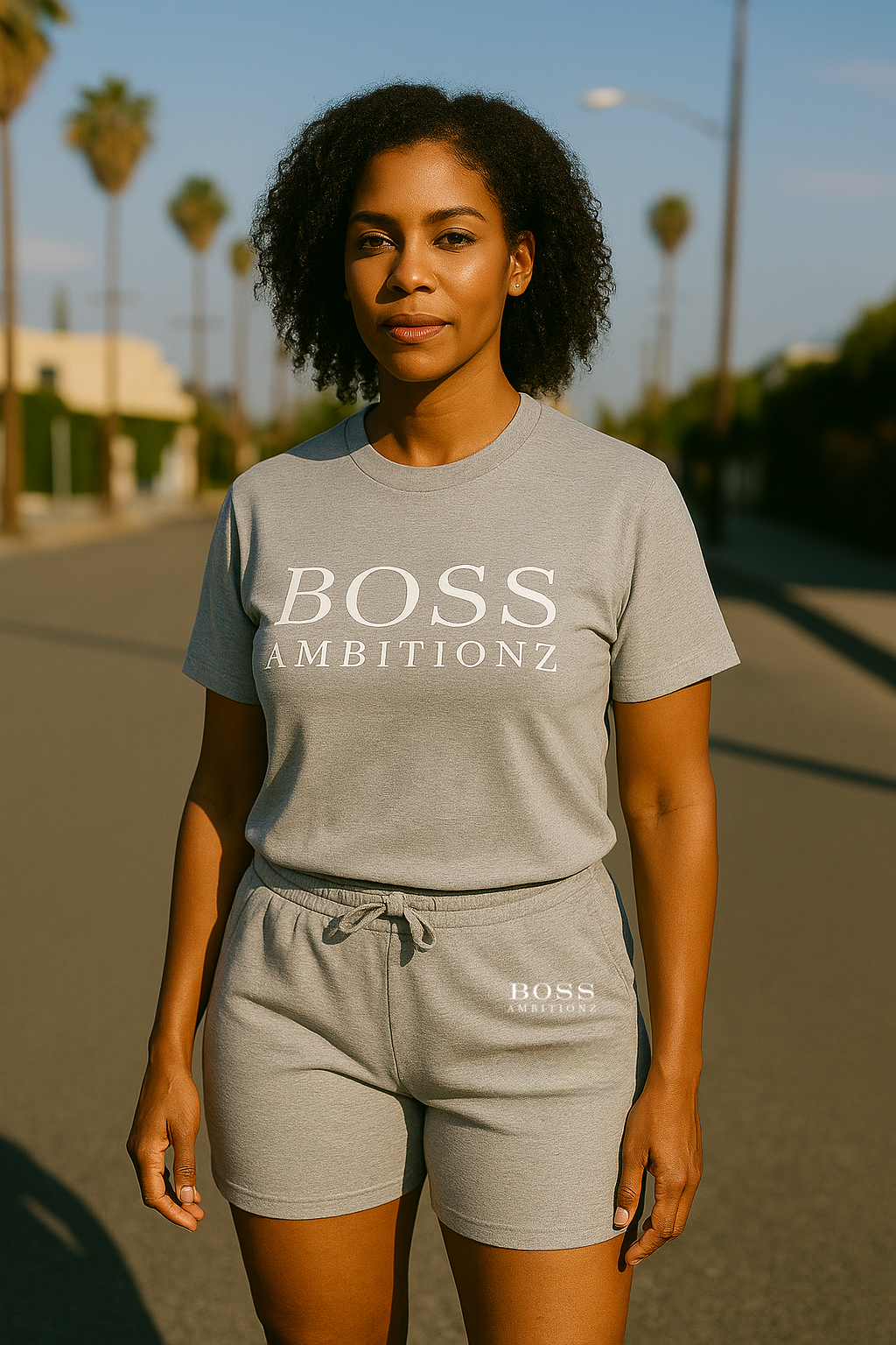 Woman wearing a gray 'BOSS AMBITIONZ' t-shirt and shorts on a street with palm trees in the background.