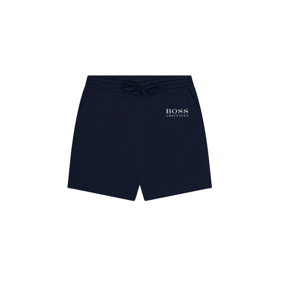 Navy Blue Cool Down shorts featuring Boss Ambitionz logo, relaxed fit, ideal for comfort and style.