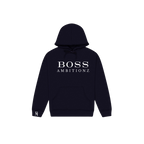 Boss Ambitionz hoodie in navy, featuring plush fleece interior and relaxed fit for streetwear style.