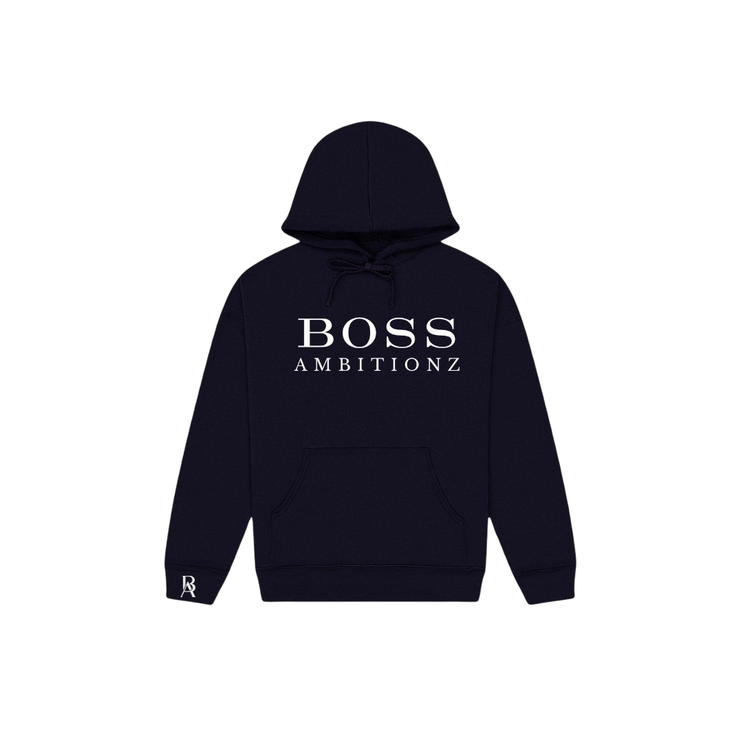 Boss Ambitionz hoodie in navy, featuring plush fleece interior and relaxed fit for streetwear style.