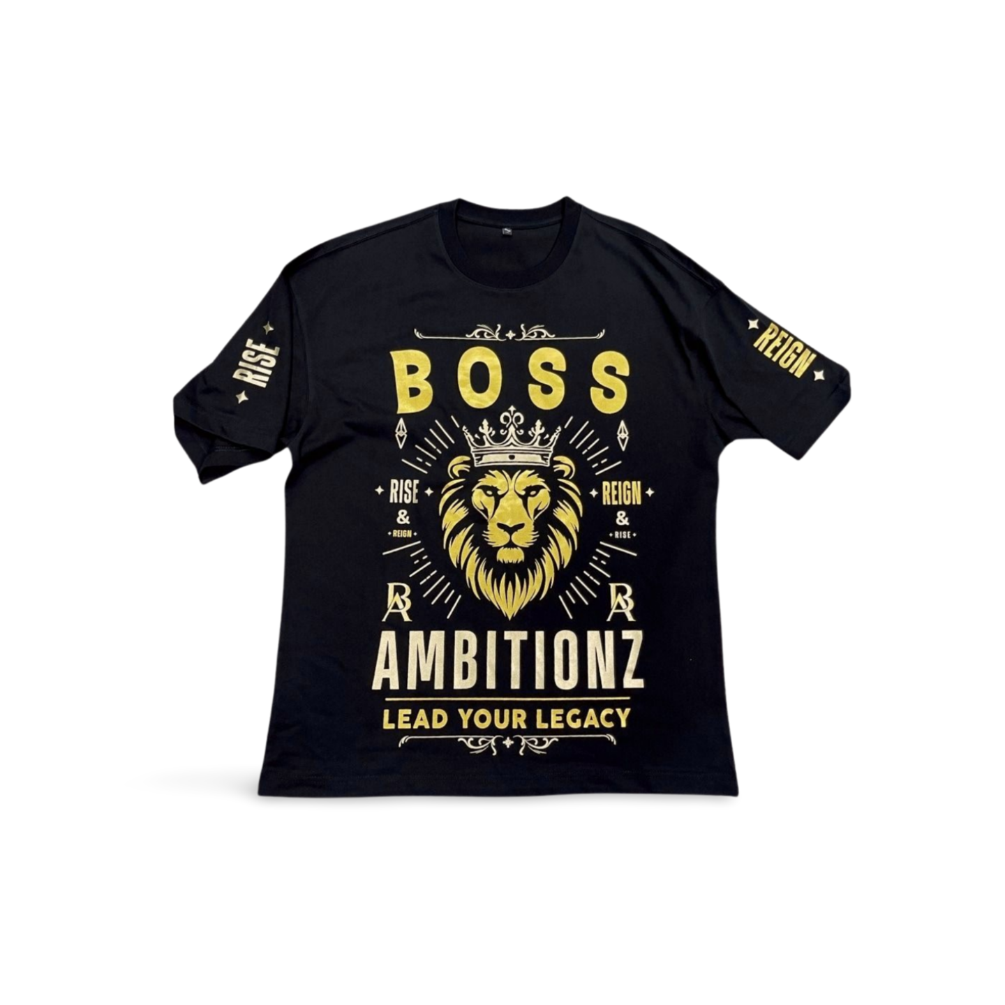 Front view of Boss Ambitionz men's black T-shirt with a majestic golden lion emblem and 'BOSS AMBITIONZ' text, symbolizing leadership and strength.