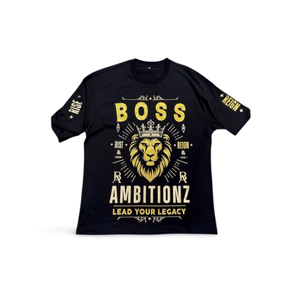 Front view of Boss Ambitionz men's black T-shirt with a majestic golden lion emblem and 'BOSS AMBITIONZ' text, symbolizing leadership and strength.