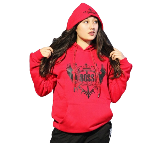 Rihanna in a powerful pose showcasing the red Boss Ambitionz Ambition Crown Hoodie