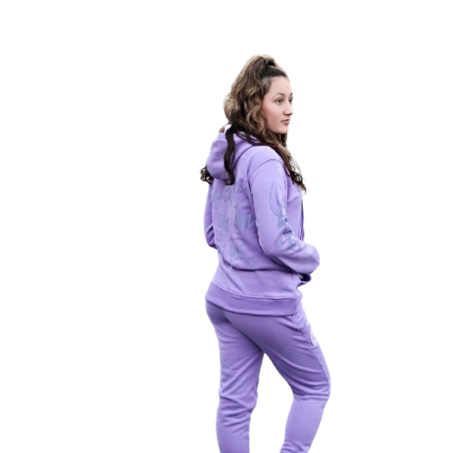 Rihanna in side pose showcasing Boss Ambitionz Lavender Luxe Reflective Joggers