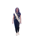 Promo pic starring RIhanna wearing the women's Regal Lioness tee with her USA Pageant Sash wrapped around her shoulder. 