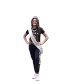 Promo pic starring RIhanna wearing the women's Regal Lioness tee with her USA Pageant Sash wrapped around her shoulder. 